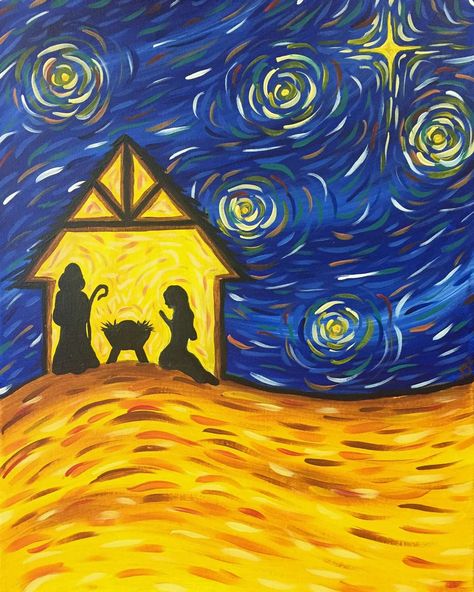 Starry Night Nativity Scene, Stary Night Christmas, Nativity Painting For Kids, Nativity Art Projects, Nativity Art For Kids, Betlehem Diy, Manger Scene Painting, Manger Painting, Van Gogh Christmas