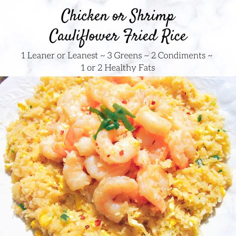 A favorite easy low carb meal to prepare! Perfect for when you are craving fried rice! Using grated cauliflower instead of traditional rice keeps carbs and calories at bay while enjoying a classic Asian dish! Add your favorite protein with the appropriate amount of Healthy Fats and you have a complete Lean and Green meal! Shrimp Cauliflower, Easy Low Carb Meals, Optavia Meals, Heart Healthy Recipes Low Sodium, Lean Protein Meals, Low Carb Meals, Lean And Green, Chicken Cauliflower, Lean Meals