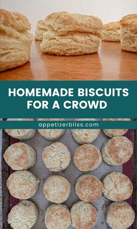 Easy Biscuits for a Crowd | appetizerbliss.com | This recipe for easy homemade biscuits is perfect when you have a crowd. Serve warm with butter and jam or covered with gravy for breakfast. A perfect side with butter and honey for BBQ meat. Just 6 pantry ingredients: butter, flour, baking powder, baking soda, salt, and milk. Delicious! Easy! Homemade! Cut biscuits into rounds, squares, or even do a drop biscuit. Serve warm with butter and jam for a treat everyone will love. Vegetarian. Biscuits For A Crowd, Butter Drop Biscuits, Easy Drop Biscuits, Easy Biscuits, Easy Homemade Biscuits, Homemade Biscuits Recipe, Pantry Ingredients, Flaky Biscuits, How To Make Biscuits