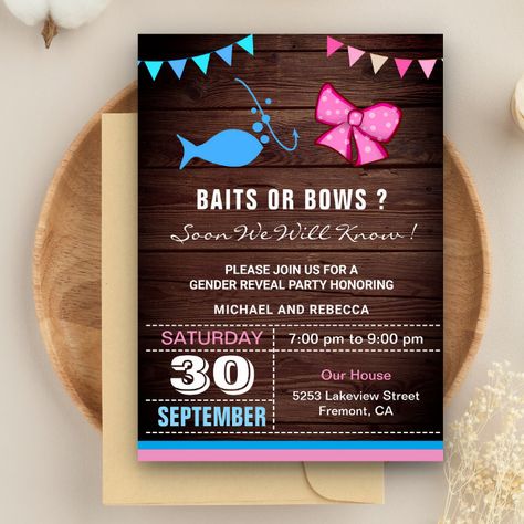 Fishing Theme Gender Reveal, Baits Or Bows Gender Reveal, Lures Or Lace Gender Reveal, Fishing Gender Reveal, Pregnancy Congratulations Card, Bows Gender Reveal, Bow Gender Reveal, Gender Reveal Party Invitations, Baby Gender Reveal Party