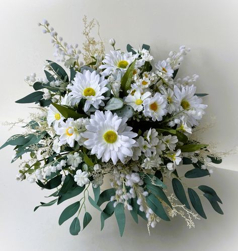 Wedding Bouquet Wildflower Meadow Bridal Bouquets White Daisy For Gets Me Not Lily Of The Valley Native Wattles Eucalyptus Wild Cosmos Bridal Bouquets White, Wild Cosmos, Daisy Bridal Bouquet, Daisy Bouquet Wedding, Bouquet Wildflower, Country Style Wedding, Emerald Green Weddings, Daisy Wedding, Daisy Bouquet