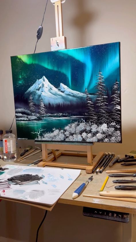 Chrispy Creations | **SOLD**Hey guys, I wanted to do a northern lights painting today and I hope you enjoy it!!... | Instagram Aurora Borealis Painting, Lights Painting, Xmas Art, Northern Lights Painting, Thanksgiving Break, Amazing Paintings, Simple Acrylic Paintings, Book Art Drawings, Light Painting