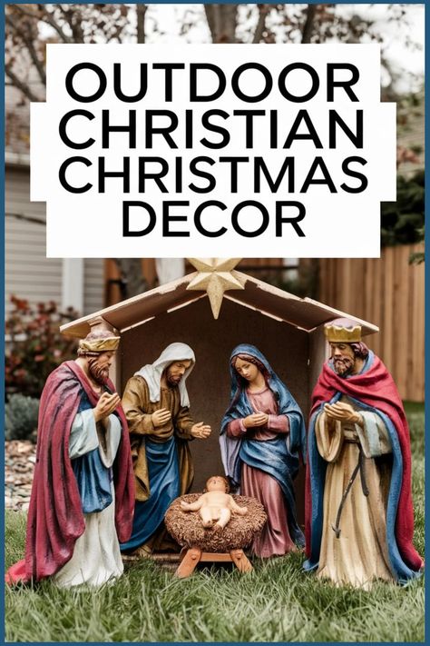 Nativity scene with figures of Mary, Joseph, and wise men around baby Jesus, labeled "Outdoor Christian Christmas Decor". Christian Christmas Decor, Jesus Christmas Decorations, Jesus Decor, Christian Christmas Decorations, Outdoor Nativity Scene, Outdoor Backdrops, Outdoor Nativity, Outdoor Christmas Decor, Nativity Scenes