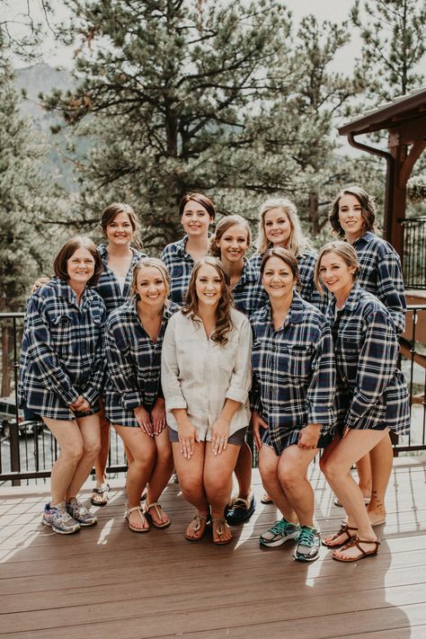 Bridesmaid Flannel Shirts Getting Ready, Flannels For Bridesmaids, Bridesmaid Flannel Shirts, Flannel Getting Ready Wedding, Bridesmaid Get Ready Outfit Fall, Blue Flannel Outfits, Bridesmaid Flannels, Bride Flannel, Bachelorette Matching