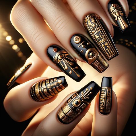 Black And Gold Egyptian Nails, Egyptian Acrylic Nails, Egyptian Nails Cleopatra, Egyptian Inspired Nails, Egyptian Nails Designs, Egypt Nails Design, Egyptian Nail Art, Nail Inspo Elegant, Egypt Nails