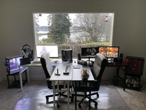 His And Hers Gaming Setup Home Office, Couple Gaming Desk Setup, 2 Desk Gaming Setup, 2 Desk Game Room, Couple Set Up Gamer, Couple Gaming Setup Aesthetic, Matching Pc Setups Couple, Couples Gamer Room, 2 Person Gaming Setup