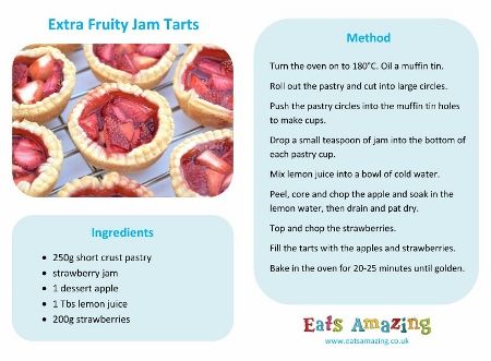 Jam Tarts Recipe, Easy Recipe For Kids, Recipe Sheet, Fruity Snacks, Printable Recipes, Tarts Recipe, Jam Tarts, Recipe For Kids, Recipe Sheets