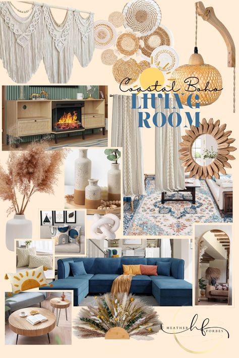 Step into a coastal boho paradise with this beautifully decorated living room inspo! Soft, sandy hues blend seamlessly with natural textures and earthy blue and orange accents, creating a serene and inviting space perfect for relaxing and unwinding. The perfect blend of laid-back vibes and beachy charm. Get inspired to bring a touch of coastal boho style into your own home with this dreamy living room decor idea. #coastalboho #livingroomdecor #bohemiandecor Blue And Orange Boho Living Room, Rustic Coastal Living Room Ideas, Boho Blue Living Room, Beachy Boho Living Room, Boho Coastal Living Rooms, Blue Boho Living Room, Coastal Boho Living Room, Decorated Living Room, Earthy Blue