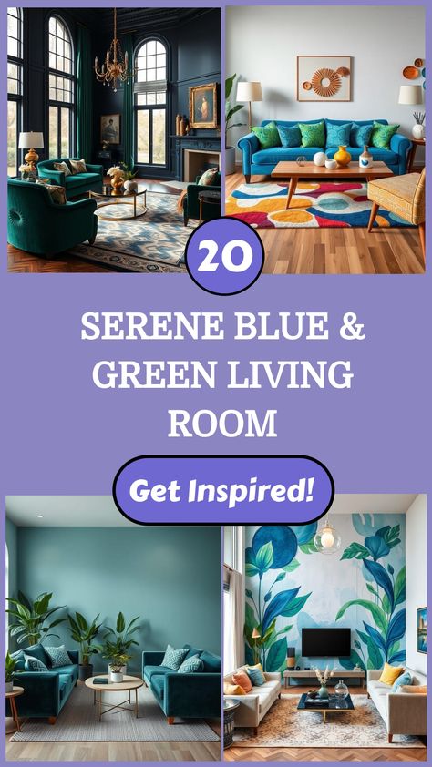 Serene blue and green living room designs with modern decor and cozy seating. Sea Green Living Room Decor, Blue And Green Living Room Decor, Peacock Blue Living Room, Caribbean Living Room, Blue Green Living Room, Jungle Living Room, Peacock Living Room, Green Living Room Ideas, Calming Decor