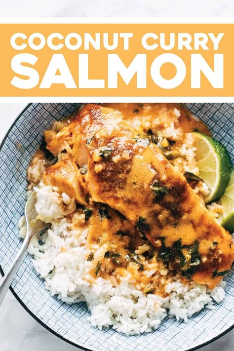 Coconut Curry Salmon! Broiled salmon with a salty-sweet spice rub, creamy coconut curry sauce, and steamy rice to soak it all up. YUM. #curry #coconut #salmon Coconut Curry Salmon, Coconut Salmon, Creamy Coconut Curry, Curry Salmon, Salmon Curry, Curry Coconut, Salmon Spices, Coconut Curry Sauce, Broiled Salmon