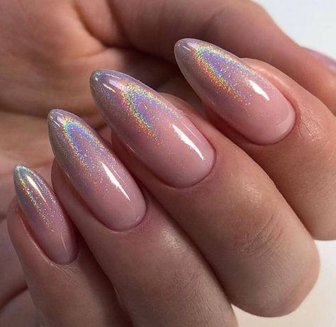 Chrome Acrylic Nails, Acrylic Nails Almond, Almond Nails French, Holo Nails, Nails Yellow, Almond Shape Nails, Almond Nails Designs, Almond Acrylic Nails, Almond Nail