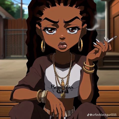 Mixed Race Cartoon Pfp, Boondocks Aesthetic, Black Cartoon Characters With Locs, Boondocks Inspired Drawings, Locs Cartoon Black Women, Boondocks Oc, Black Anime Characters Women Dreads, Mixed Girl Pfp Cartoon, Black Anime Women With Locs