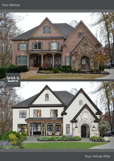 14 Limewash Brick House Before and After Photos - brick&batten Limewash Brick Exterior Tudor, Tudor Remodel Exterior Before And After, Exterior Update Before And After, Stone For Front Of House, Limewash Brick Exterior Before And After, Old Home Exterior Makeover, Limewash Brick House, Limewash Exterior, Limewash Brick Exterior