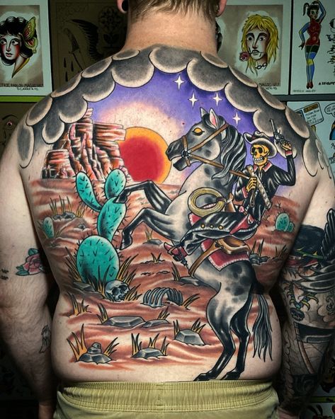 Gorgeous western themed back piece tattooed by David Carreras. #12ozstudios #team12oz #tattoo #tattoos #tattooed #tattooing #tattooism #tattooart #tattooartist #tattooer #tattooist #art #artstudio #tattooshop #tattoostudio #ink #inked #colortattoos #backpiece #backtattoos #western #cowboy #traditional #traditionaltattoos Western Traditional Tattoo, Traditional Western Tattoo, Traditional Tattoo Flash Sheets, Sailor Tattoos, Flash Sheets, Back Piece Tattoo, Tattoo Flash Sheet, Cowboy Theme, Traditional Tattoo Design