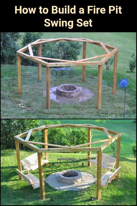 Thinking of improving your outdoor living space? If you have a wonderful open space, then this fire pit swing set is perfect for you! A fire pit swing set like this not only adds appeal to your home, but is also a wonderful venue for spending quality time with family and friends Build A Fire Pit, Outdoor Fire Pit Area, How To Build A Fire Pit, Fire Pit Swings, To Build A Fire, Diy Swing, Diy Porch Swing, Backyard Swings, Pergola Swing