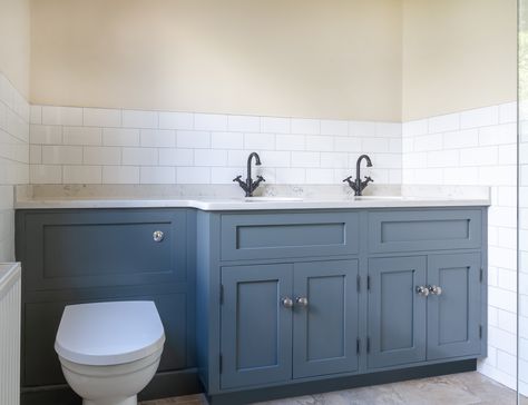 Bespoke vanity unit featuring back to wall toilet and double sinks with Marble tops Toilet Vanity Unit, Toilet And Sink Unit, Toilet Unit, Bathroom Sink Units, Small Shower Room, Trendy Bathroom Tiles, Sink Vanity Unit, Wall Toilet, Double Sinks