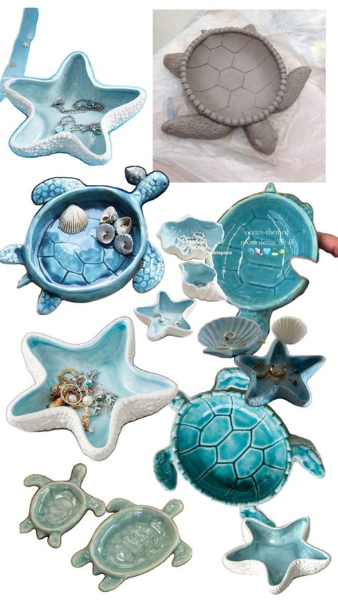 Beachy Air Dry Clay Ideas, Air Dry Clay Projects Ocean, Ocean Clay Ideas, Clay Sea Animals, Sea Turtle Clay, Trinket Ideas, Clay Jewellery Holder, Costal Bedroom, Summer Dump