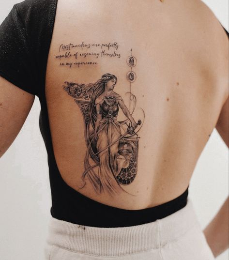 Hygeia Goddess Tattoo, Back Tattoo Women Greek Mythology, Bia Goddess Tattoo, Goddess Inspired Tattoo, Psyche Tattoo Goddess, Greek Mythology Tattoos Back, Greek Back Tattoo Women, Achelois Goddess Tattoo, Greek Women Tattoo