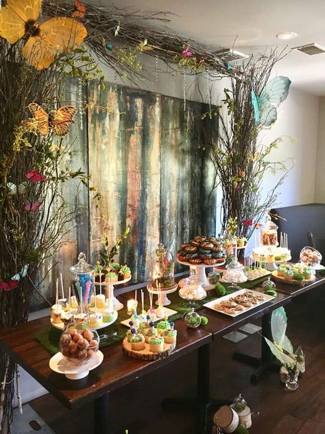 Enchanted Forest birthday party | CatchMyParty.com Enchanted Forest Decorations, Enchanted Forest Birthday Party, Fairytale Baby Shower, Enchanted Forest Baby Shower, Forest Theme Party, Enchanted Forest Birthday, Forest Birthday Party, Enchanted Forest Party, Fairy Baby Showers