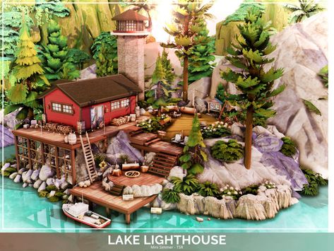 Sims 4 Lake Cabin, Sims 4 Lighthouse Build, Sims 4 Observatory, Sims Lake House, Lighthouse Sims 4, Sims 4 Lot No Cc, Lake House Sims 4, Sims Cc Lots, Sims Community Lots