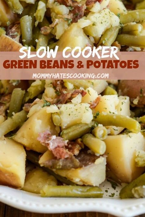 Make a great side dish in the Crock Pot or the Slow Cooker with these Slow Cooker Green Beans and Potatoes. These are similar to southern style green beans and potatoes, perfect to use with garden fresh produce. #SlowCooker #CrockPot #GlutenFree #GreenBeans Green Beans With Red Potatoes, Crockpot Green Beans And Potatoes With Bacon, Green Beans Potatoes And Bacon Crock Pot, Red Potatoes In Crockpot Slow Cooker, Greenbeans Bacon And Potatoes In Crockpot, Ham Greenbeans Potatoes Crockpot, Ham Potato Green Bean Crock Pot, Green Beans And Potatoes Crockpot, Crockpot Green Beans And Potatoes