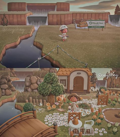 Fairy Core Villagers Acnh, Fairy Core Acnh Island, Fairy Forest Acnh, Meadow Core, Acnh Cliff Ideas Cottagecore, Acnh Waterfall, Acnh Cottagecore Waterfall, Island House Exterior, Waterfall House