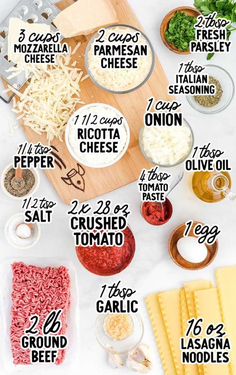 Lasagna raw ingredients that are labeled Easy Homemade Lasagna, Homemade Lasagna Recipes, Best Lasagna Recipe, Lasagna Recipes, How To Make Lasagna, Lasagna Ingredients, Easy Lasagna Recipe, Spaceships And Laser Beams, Homemade Lasagna