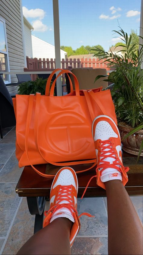 Vibeee .. Telfar Large Orange Handbag ft. Syracuse Nike Dunk Highs Orange Handbag, Nike Dunk High, Orange Is The New, Orange Is The New Black, Fjallraven Kanken Backpack, Nike Dunk, Nike Dunks, Large Bags, New Black