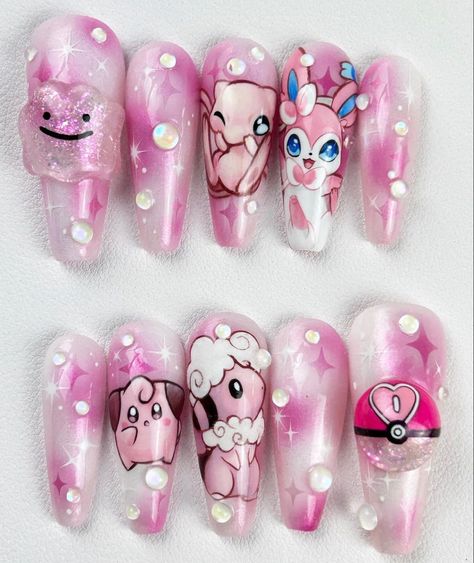 Pink Pokemon Nails, Pokemon Nails Acrylic, Sylveon Nails, Snorlax Nails, Pokemon Nails Designs, Pokemon Nail Art, Pokemon Nails, Nail Options, Anime Nails