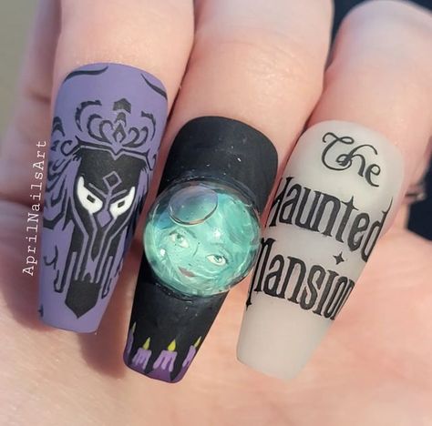 Haunted Mansion Nails Disney, Haunted Mansion Nails, Snow Globe Nails, Cutesy Nails, Em Nails, Nightmare Before Christmas Nails, Broken Nails, Dip Nails, Awesome Nails