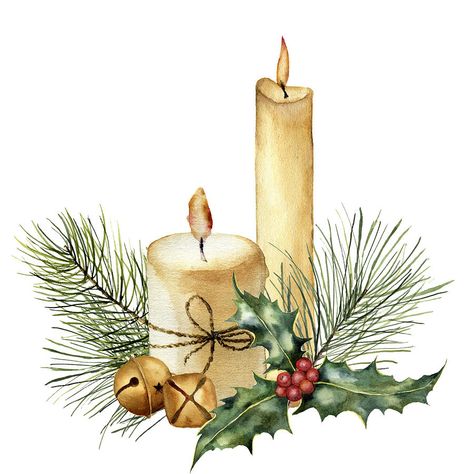 Christmas Candle With Holiday Decor ... Red Christmas Candle, Watercolor Candles, Candle Clipart, Candle Images, Christmas Candle Decorations, Hand Painted Candles, Christmas Tree Branches, Christmas Card Art, Painted Candles