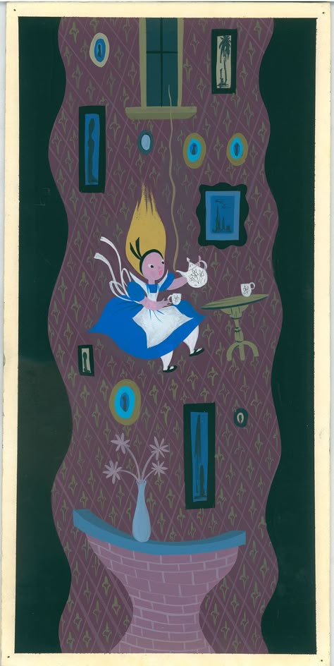 Mary Blair, "Visual development of Alice falling down rabbit hole" for "Alice in Wonderland," 1951, gouache on paperboard. (Courtesy Walt Disney Family Foundation / Eric Carle Museum of Picture Book Art) Blair Illustration, Mary Blair Illustration, Mary Blair Art, Blair Art, Concept Art Disney, It’s A Small World, Alice In Wonderland 1951, Mary Blair, Disney Artists