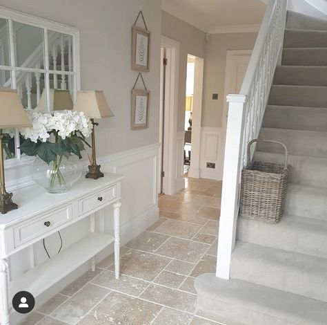 Farrow Ball Skimming Stone, Flooring Hallway, Paneling Walls, Decorating Stairway Walls, Farrow And Ball Living Room, Skimming Stone, Hallway Colours, House Staircase, Hallway Inspiration