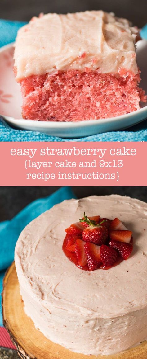 Homemade Strawberry Frosting, Easy Strawberry Cake, 9x13 Cake, 2 Layer Cake, Homemade Strawberry Cake, Strawberry Cake Recipe, Strawberry Cake Easy, Easy Frosting, Cake Homemade