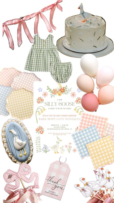 Think pastels, gingham, pink accents, mother goose, classic nursery rhymes. Gingham Party, Vintage Gingham, Classic Nursery, Classic Nursery Rhymes, Baby Birthday Themes, Baby Shower Theme Decorations, Kids Birthday Themes, Baby Shower Inspiration, Silly Goose