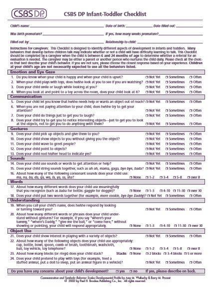 Infant/Toddler Checklist for Communication Development:This checklist can be used by SLPs or parents as a guide to see if their infant/toddler is developing the prelinguistic skills that are correlated with later language development. References: 1) Wetherby, Goldstien, Cleary, Allen & Kubin, 2003; 2) Paul & Norbury, 2012; 3) Kasari, Sigman, Mundy, & Yirmiya, 1990; 4) Rescorla & Goosens, 1992. Pinned by: Lindsey VanBeusecum, Spring 2016. Saved From: http://firstwords.fsu.edu/pdf/checklist.pdf Prelinguistic Skills, Communication Disorders, Communication Development, Verbal Communication, Early Intervention, Speech Pathology, Speech Language Pathology, Teaching Aids, Speech Therapy Activities