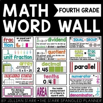 Math Word Wall Grade 4: Help your 4th graders remember these essential math vocabulary terms with this visual math word wall, while brightening up your classroom at the same time! Included are 114 visual math vocabulary cards for your word wall. With visual representations and student friendly definitions, these cards help students remember key vocabulary. First Grade Word Wall, Math Word Wall, First Grade Words, Math Wall, Math Word Walls, Word Walls, Math Vocabulary, Fourth Grade Math, Math Words