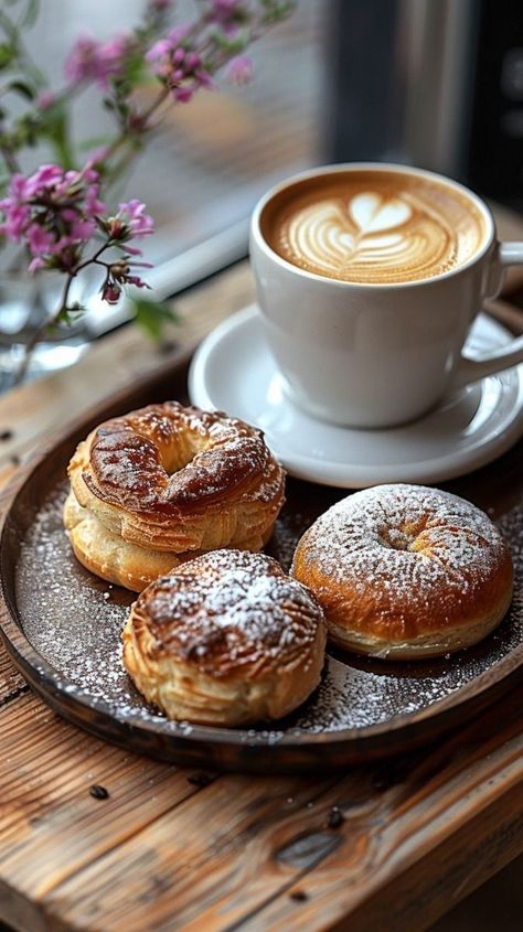 Coffee And Pastries Aesthetic, Creative Food Photography Inspiration, Cozy Coffee Aesthetic, Coffee Break Ideas, Cozy Cafe Aesthetic, Morning Coffee Aesthetic, Coffee Pastries, Baked Pastries, Aesthetic Tea