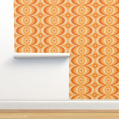 Retro Wallpaper Orange Ogee by Lr-studio Geometric Ogee - Etsy Ireland Mcm Wallpaper, Salon Wallpaper, 70s Wallpaper, Etsy Fabric, Grasscloth Wallpaper, Paper Wallpaper, Retro Wallpaper, Geometric Wallpaper, Leather Texture