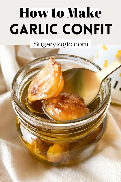 This Garlic Confit recipe is easy to make and incredibly versatile in its use. It's a beautiful addition to a multitude of recipes. After cooking low and slow, the garlic is tender and packed with flavor. Easy Garlic Confit, Toasted Garlic Cloves, Jarred Garlic Cloves, Canning Garlic Confit, Confit Garlic Recipe, Garlic Confit Toast, Canned Garlic Cloves, Garlic Confit Bread, Garlic Confit Recipes Oven