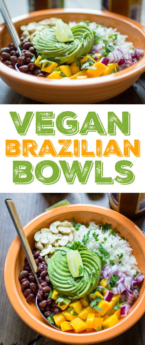 Vegan Brazilian Bowls are loaded with creamy coconut rice, black beans, mango, avocado, and cashews. My favorite flavors from Brazil! Creamy Coconut Rice, Rice Black Beans, Mango Avocado, Vegan Bowls, Coconut Rice, Brazilian Food, Vegan Life, Vegan Eating, Bowls Recipe