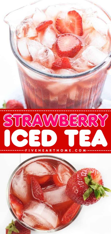 An easy summer drink featuring fruit tea! A pitcher of this strawberry iced tea recipe is perfect for entertaining. Tasty and refreshing, this fruit tea hits the spot! Put this strawberry drink on your 4th of July beverages! Strawberry Iced Tea, Long Island Iced Tea Recipe, Strawberry Simple Syrup, Iced Tea Recipe, Southern Sweet Tea, Perfect Summer Drink, Strawberry Tea, Frozen Dessert Recipe, Yummy Alcoholic Drinks