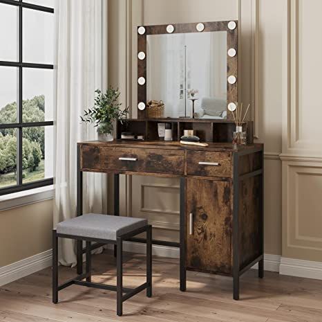 Rustic Makeup Vanity Ideas, Western Vanity, Rustic Makeup Vanity, Eye Shadow And Eyeliner, Makeup Storage Desk, Home Library Decor, Mirror Makeup Vanity, Cozy Home Library, Modern Vanity Table