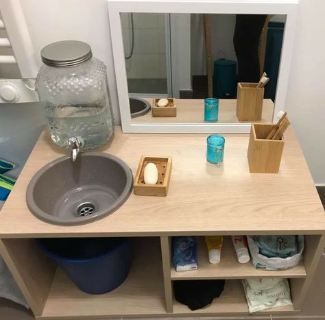 Montessori Grooming Station, Diy Montessori Bathroom Station, Montessori Bathroom Sink, Montessori Bathroom Station Ikea, Montessori Sink Diy, Toddler Bathroom Station, Montessori Bathroom Station, Montessori Bad, Montessori Washing Station