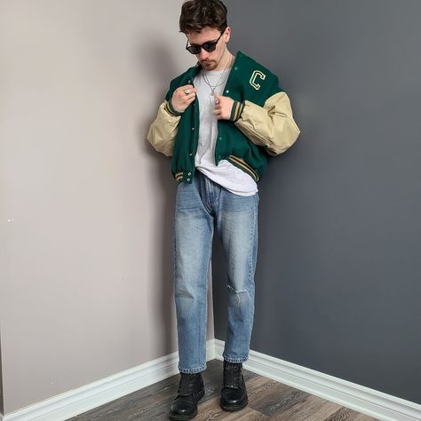 Vintage Varsity Jacket Outfit Mens, Varsity Jacket Outfit Aesthetic Men, Green Letterman Jacket Outfit, Green Varsity Jacket Outfit Men, Varsity Outfit Men, Baseball Jacket Outfit Men, Letterman Jacket Outfit Men, Men Varsity Jacket Outfit, Green Varsity Jacket Outfit