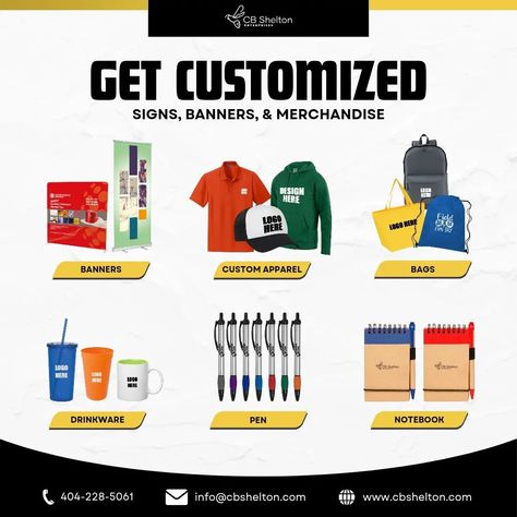 Customize your brand with our signs, banners, merchandise and more!  👕🖊️ Need a quick design mockup? No worries! Our team is here to bring your vision to life. And remember, with us, there are no minimums – order as much or as little as you need!  📞 Ready to transform your promotional game? Call us at 404-228-5061 or  📧 drop us an email at info@cbshelton.com to get started.   #CustomMerch #BrandBoost #PromoItems #DesignYourOwn #CBShelton #merchandise #merch #graphicdesign #branddesign #custommade Promo Items, Game Calls, My Account, New Media, Media Post, Mockup Design, Design Your Own, Banners, Mockup