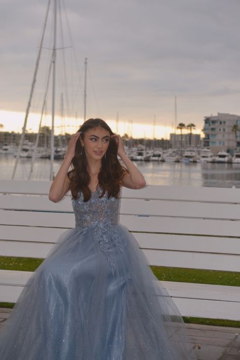 Poses For Wearing A Dress, Blue Gown Makeup, Blue Gown Aesthetic, Blue Floral Gown, Blue Gown Dress, Baby Blue Prom Dresses, Gown Aesthetic, Hair Curled, Prom Dress Blue