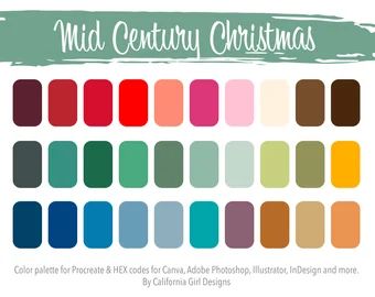 CaliforniaGirlCrafts - Etsy Modern Christmas Color Palette, Color Palette For Procreate, Christmas Palette, Christmas Color Palette, Mid Century Holiday, Mid Century Modern Christmas, Hex Codes, Christmas Color