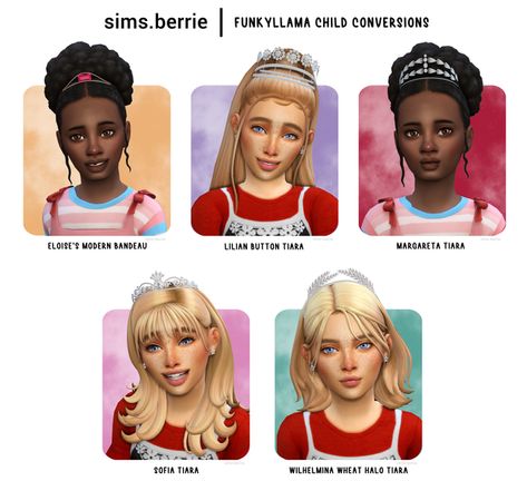 FunkyLlama Tiara Child Conversions | Patreon Child Hair Sims 4 Cc, Sims 4 Kids Cc Patreon, Sims 4 Cc Hair Child, Sims 4 Child Hair, Ts4mm Cc, Ts4 Clothes, Barbie Kids, Sims 4 Children, Sims 4 Cc Packs