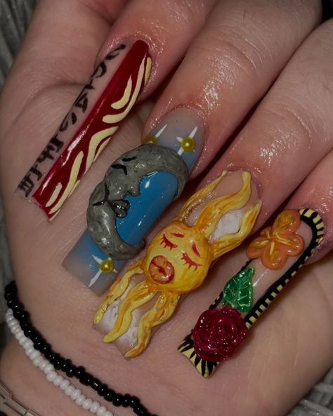 These nails are out of this world 🌙✨🌞🌹 Follow @carmenz.clawz for more! • • • • • #nails #uniquenails #freestylenailset #sunandmoon #spaceart #flower #flowernails #flowernailart #3dflowers #ombrenails #funnailart #quirkynails #sculptednails #acrylicnail #acrylics #acryliccovers #nailextensions #nailart #naildesign #nailinspiration #beginnernailtech #nailartist💅 #rose #carmenzclawz Trippy Nails, Band Nails, Sculpted Nails, Flower Nail Art, Unique Nails, 3d Flowers, Nail Extensions, Cool Nail Art, Flower Nails